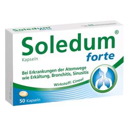 Eine Packung Soledum forte Kapseln gegen Erkältungen und Atemwegsprobleme.
