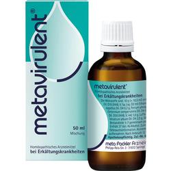 Eine braune Flasche und eine blaue Verpackung von Metavirulent, einem Erkältungsmittel.