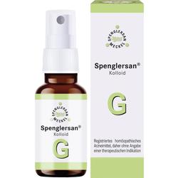 Braunes Sprayfläschchen und passende grüne Verpackung mit der Aufschrift "Spenglersan G".