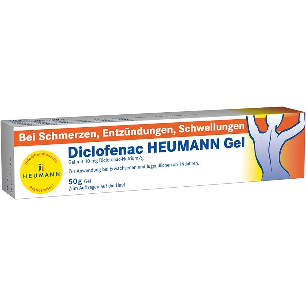 Schachtel Diclofenac-Heumann Gel gegen Schmerzen und Entzündungen, 50g für Hautanwendung.