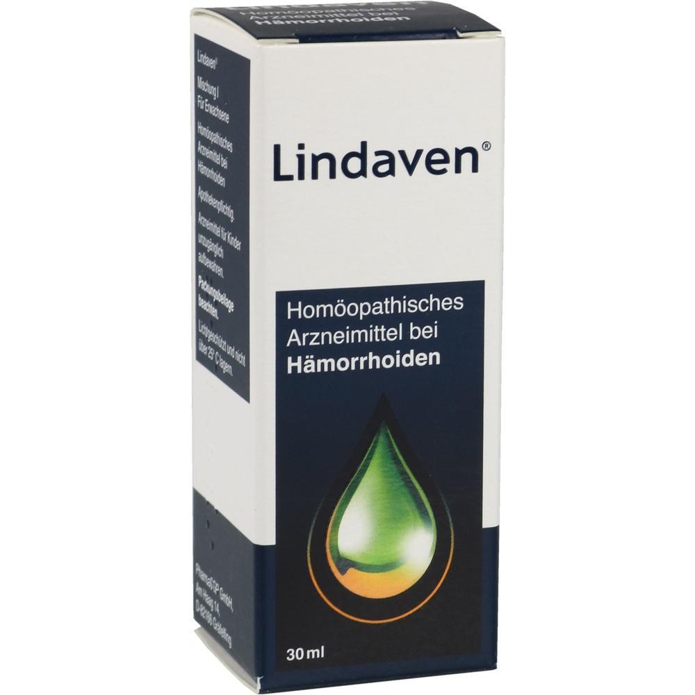 Weiße Verpackung eines homöopathischen Mittels gegen Hämorrhoiden, Marke "Lindaven".